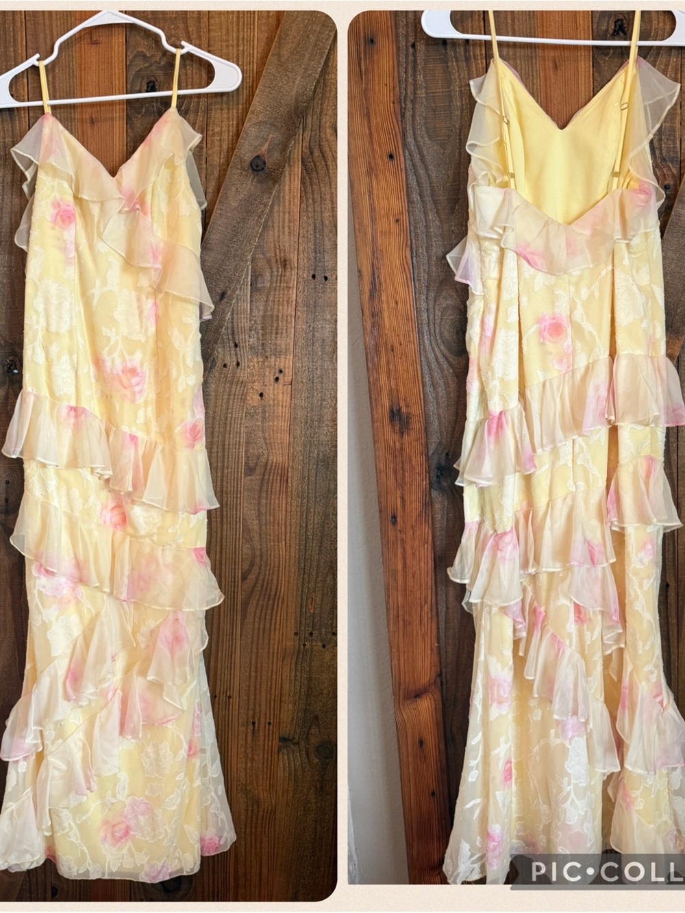 Yellow Floral Ruffle Prom Dress with Pink Accents